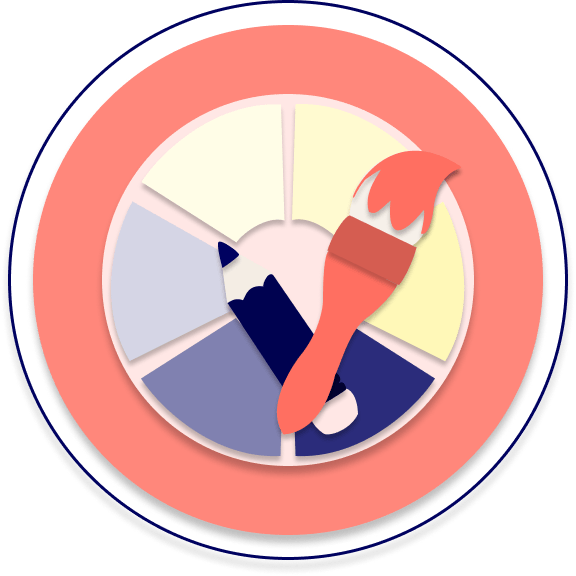 Round icon with color palette, a pencil and a paintbrush in the center